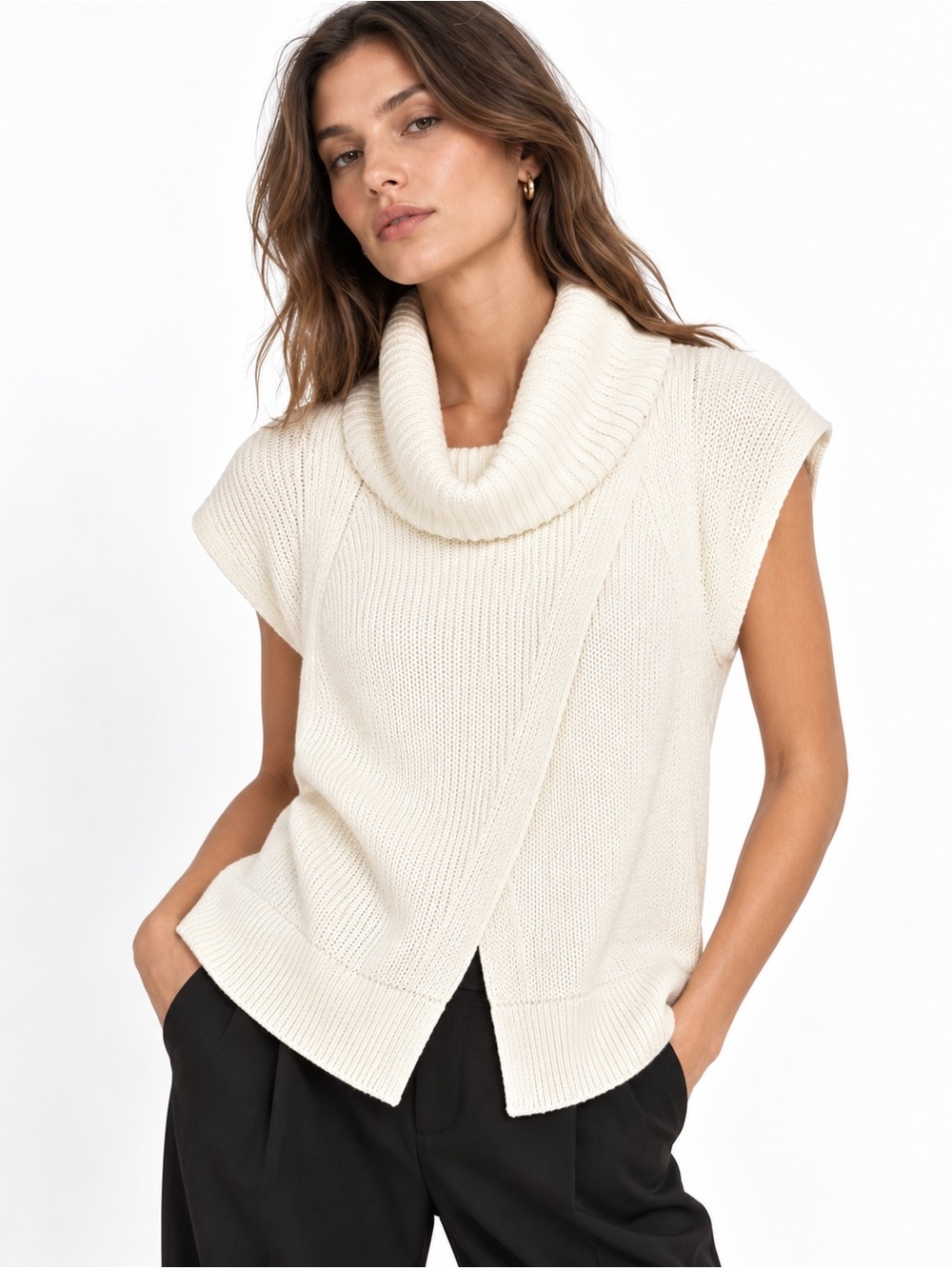 Banana Republic Womens Cowl Neck Sweater Small Ivory Split Front Fisherman Coast